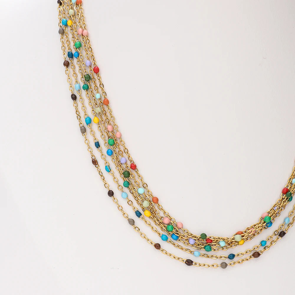 ZMZY Hot Pink Stainless Steel Link Cable Chain Fashion Gold Color Satellite Enamel Beads Necklace for Women Chic Summer Gift