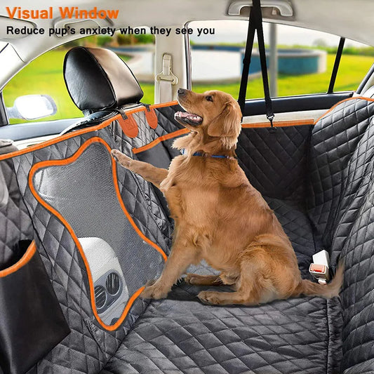 Black waterproof quilted dog car seat cover with orange trim and mesh viewing window