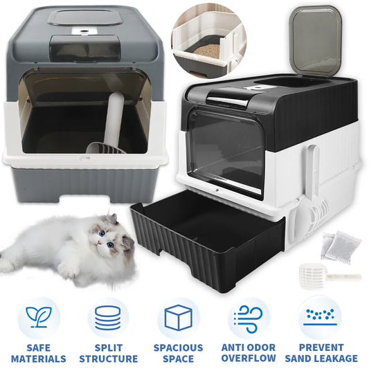 Gray enclosed cat litter box with door window and drawer base, front open