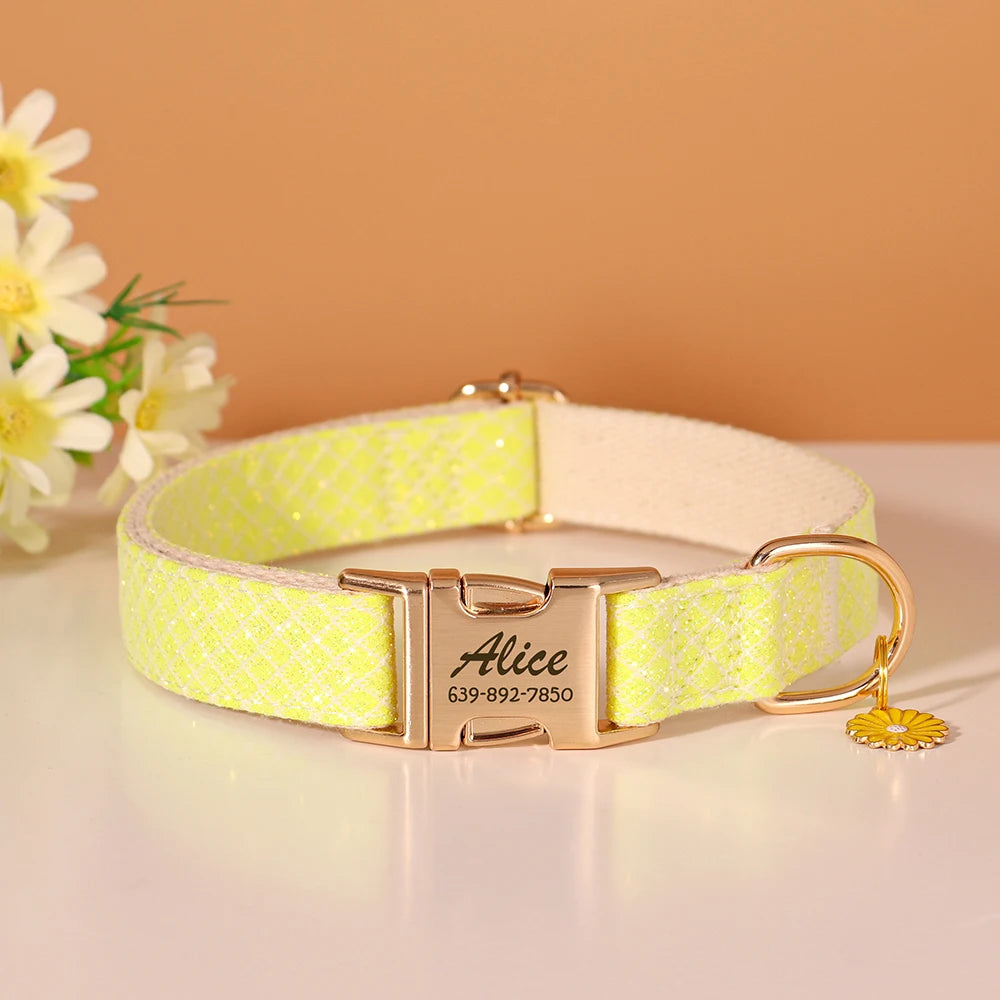 Custom Bling Nylon Dog Collar Free Engraved Puppy Dog ID Name Collars With Cute Flower Tag Accessory For Small Medium Dogs Cats - PrimeNest