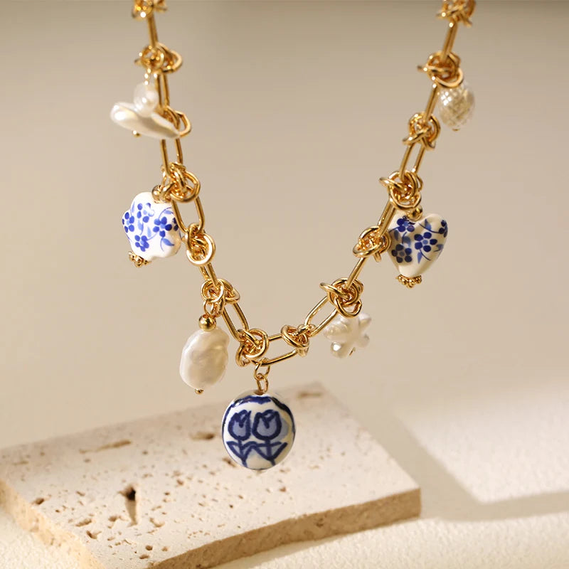 EILIECK 316L Stainless Steel Charms Pearl Star Celadon Pendant Drop Necklace For Women Golden Popular Summer Fashion Jewelry