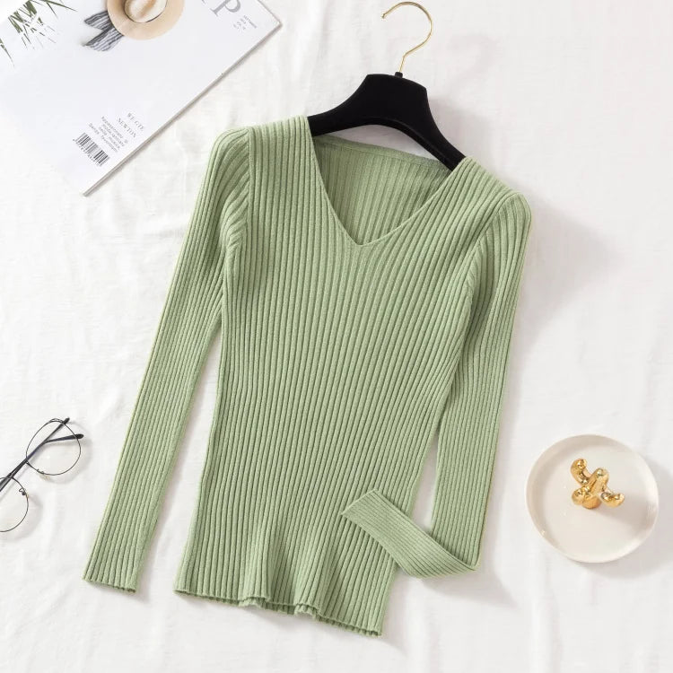 Autumn Winter Women Sweaters Casual Long Sleeve Knitted V Neck Pullover Sweater Femme Basic Solid Jersey Tops Fashion Clothes - PrimeNest