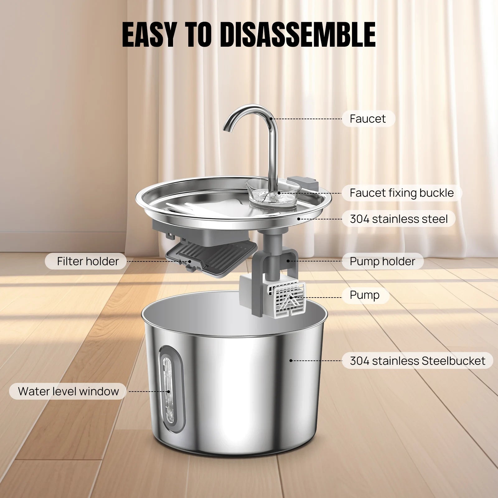 Stainless steel cat water fountain with disassembled pump and filter components