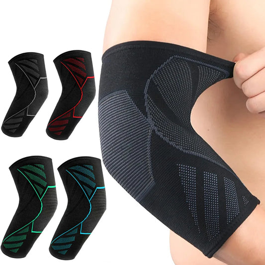 Black elastic elbow support brace with gray and red compression lines.