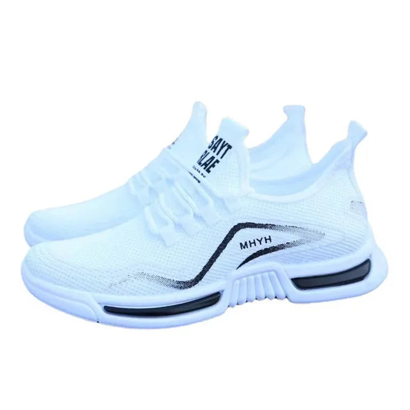 Light-colored slip-on knit sneakers with black side stripe and cushioned sole