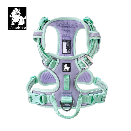 No-pull reflective dog harness in mint green and pastel lilac with front traffic handle