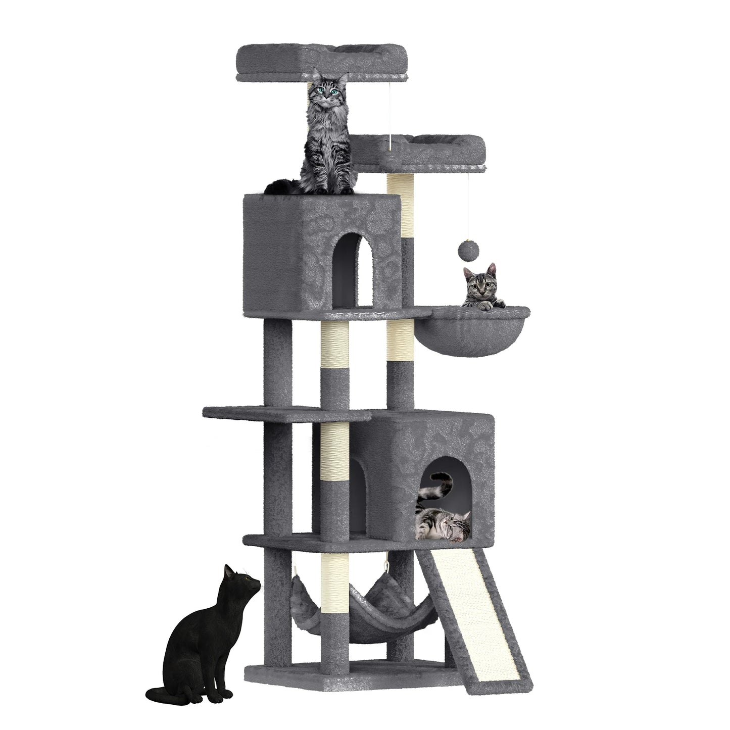 158cm Multi-Level Cat Tree with Scratching Board & Post - Stable Cat Tower with Perch, Large Pet Playhouse - PrimeNest
