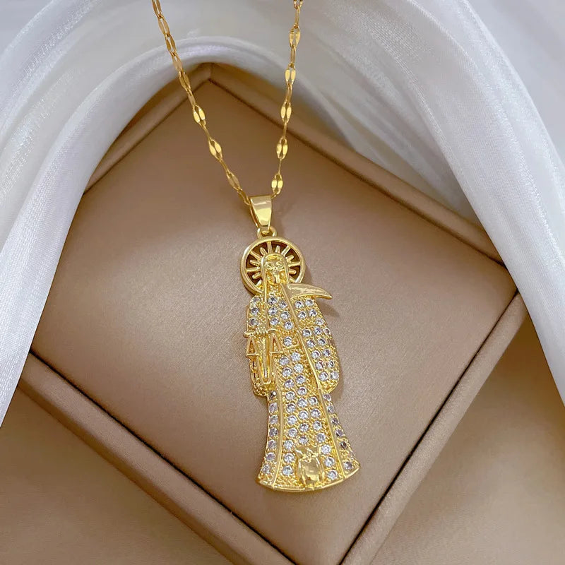 Stainless Steel Holy Death Necklace Saints Gold Color Plated Pendant Necklace Death Scythe Charms Christian Jewelry Santa Muerte