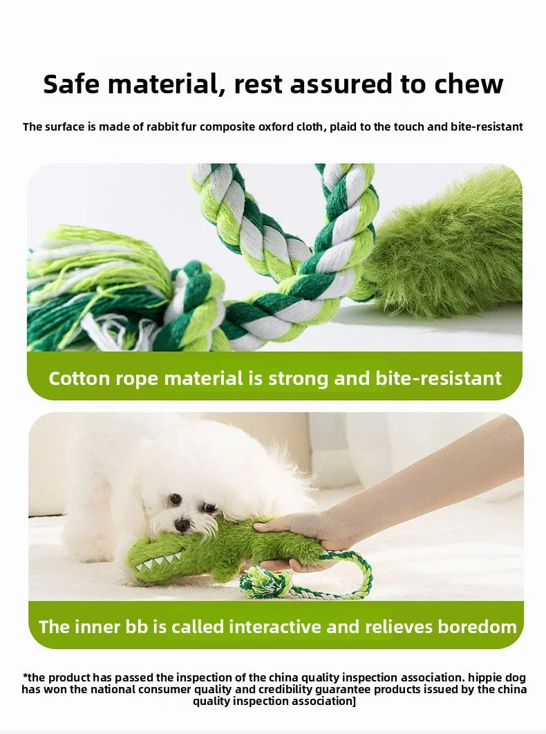 Green plush crocodile dog toy with braided rope tail and interactive squeak body
