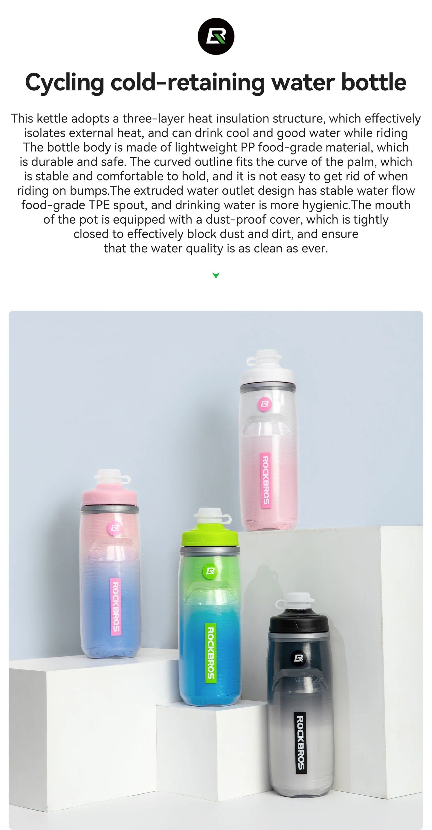 ROCKBROS Local Shipping 620ml Bike Water Bottle Cold Water Insulated Thermal Silicone Cycling Bottle Fitness Outdoor Portable Bicycle Water Kettle