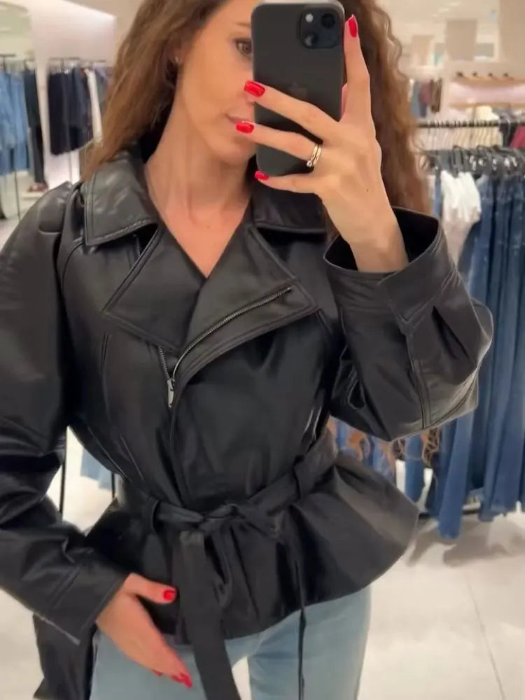 Faux Leather Belted Moto Jacket