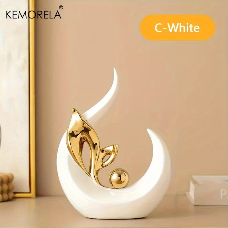 Nordic ceramic figurine with white crescent base and gold leaf ornament with gold sphere