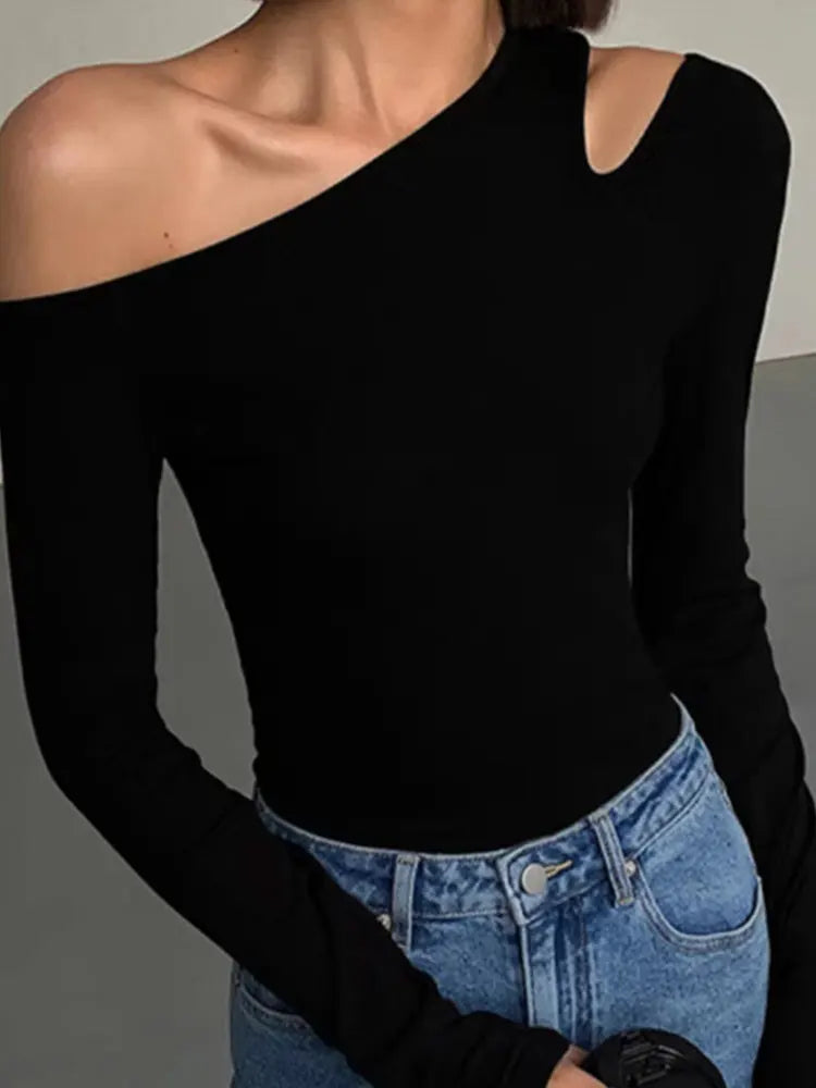Fashion Skew Collar Off-shoulder Long-sleeved T-shirts Women Spring New Solid Slim Fit Crop Top Sexy Hollow Out Tees Shirts - PrimeNest