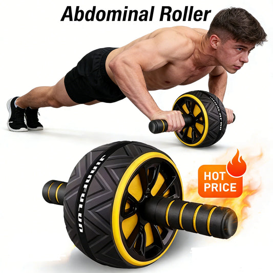 Dual-wheel ab roller with black handle grips and yellow-accent wheels