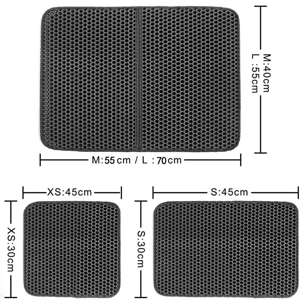 Double-layer cat litter mat with hex grid texture; size chart labels XS, S, M, L