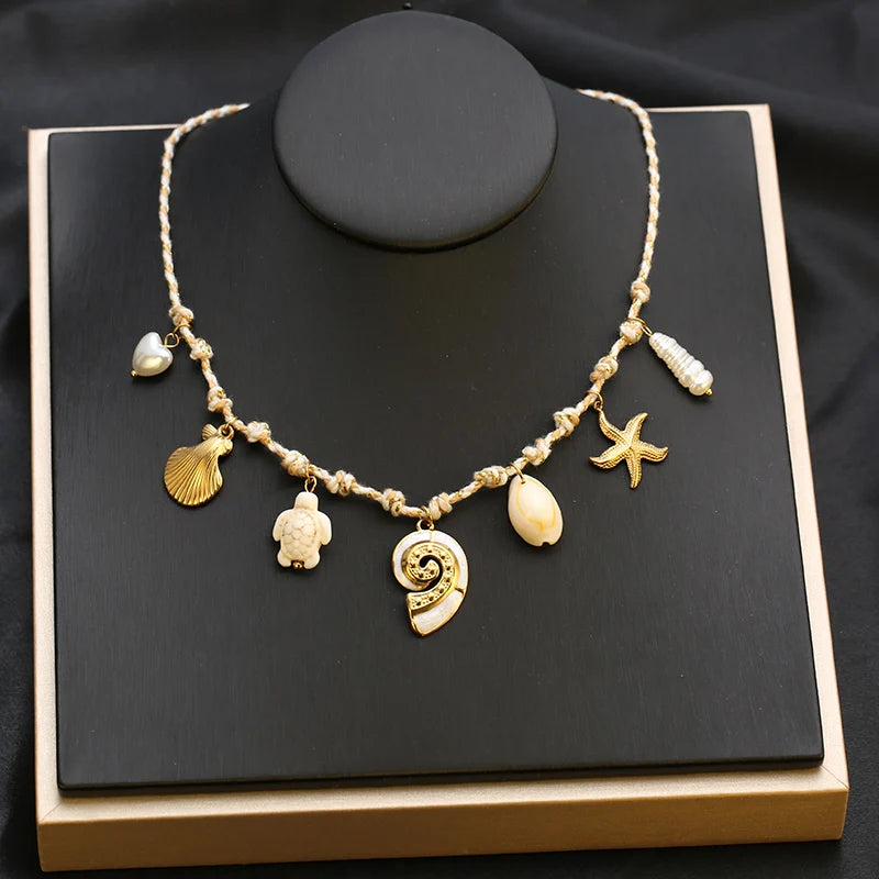 EILIECK 316L Stainless Steel Charms Pearl Star Celadon Pendant Drop Necklace For Women Golden Popular Summer Fashion Jewelry