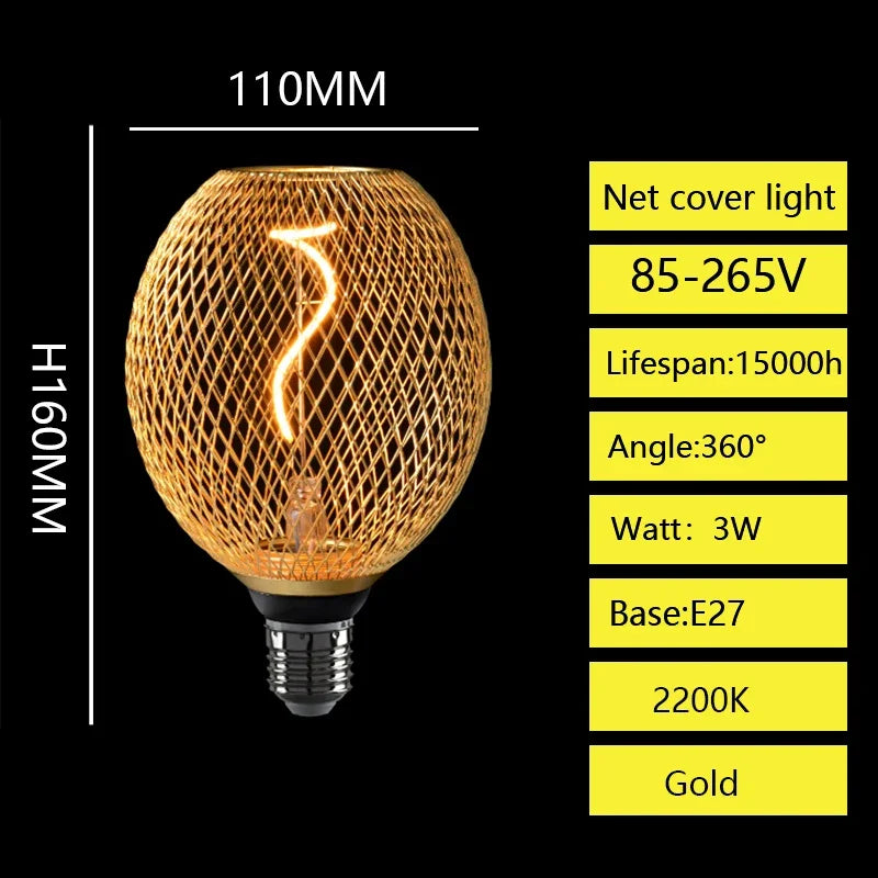 E27 Screw Creative Luxury Black Gold LED Light Bulb  Wrought Iron Mesh Cover Lamp Metal Cage Dining Bar Net Cover Light Lamp