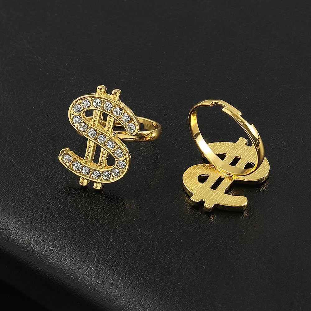 Adjustable Open Ring with Crystal Dollar Sign Punk Rapper Style Costume Jewelry for Trendy Fashion Accessory