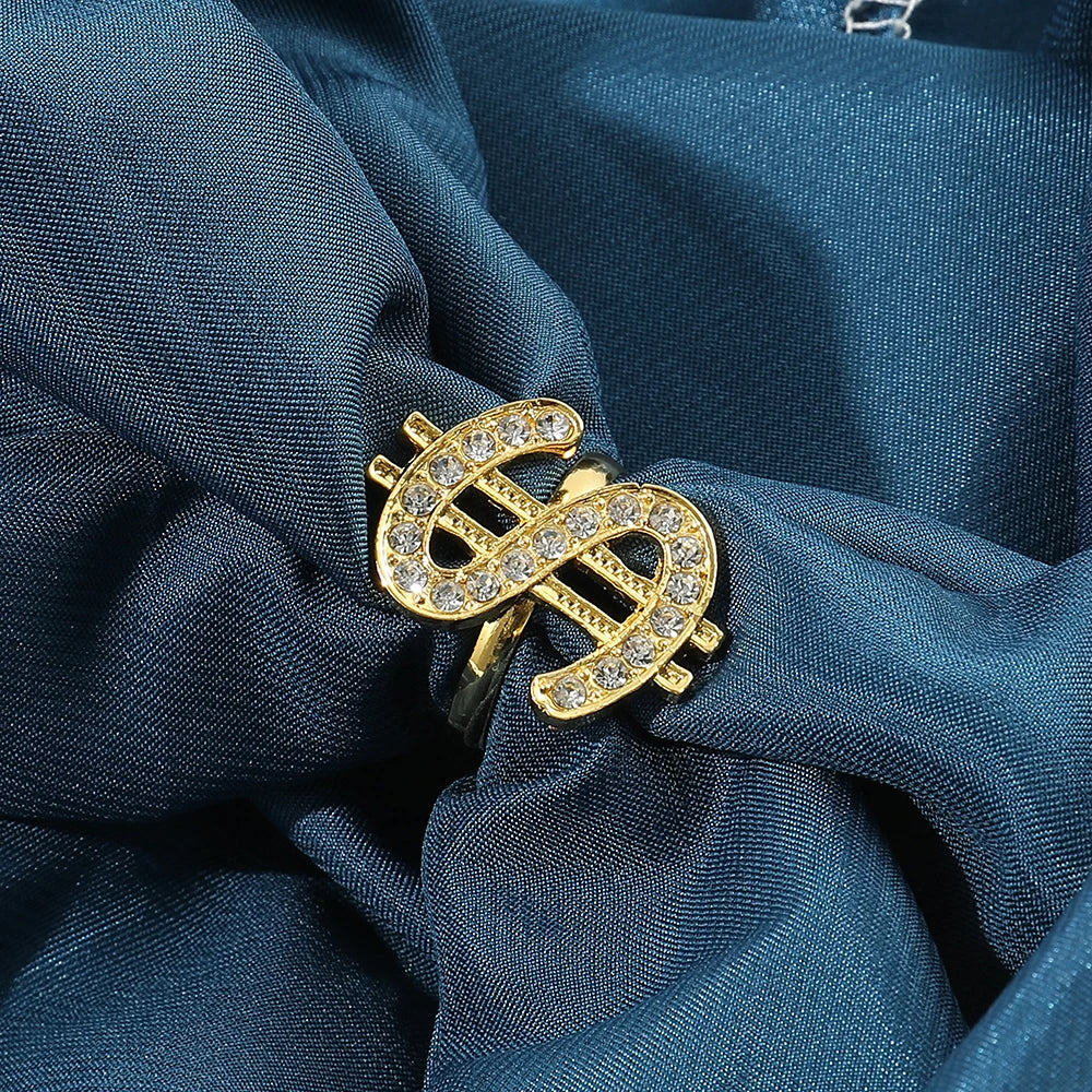 Adjustable Open Ring with Crystal Dollar Sign Punk Rapper Style Costume Jewelry for Trendy Fashion Accessory