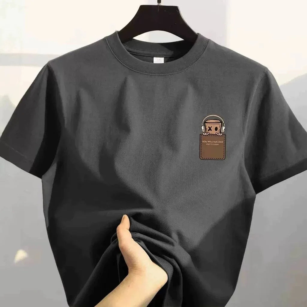 Dark grey oversized unisex T-shirt with small chest graphic patch