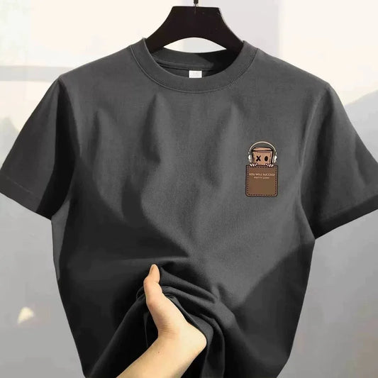 Dark grey oversized unisex T-shirt with small chest graphic patch