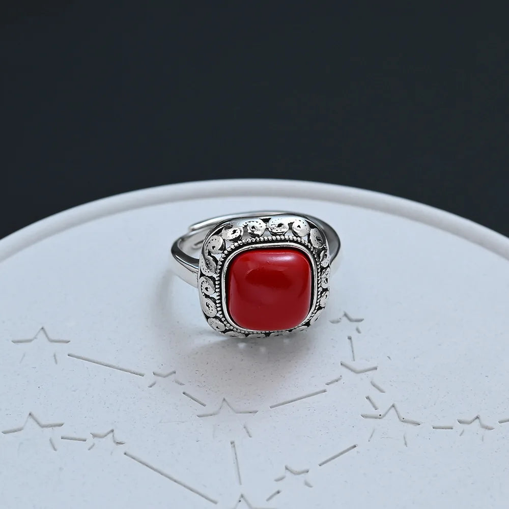 PANJBJ 925 Sterling Silver Hotan Jade Geometric Ring for Women Girl Adjustable Retro Delicate Jewelry Birthday Gift Dropshipping