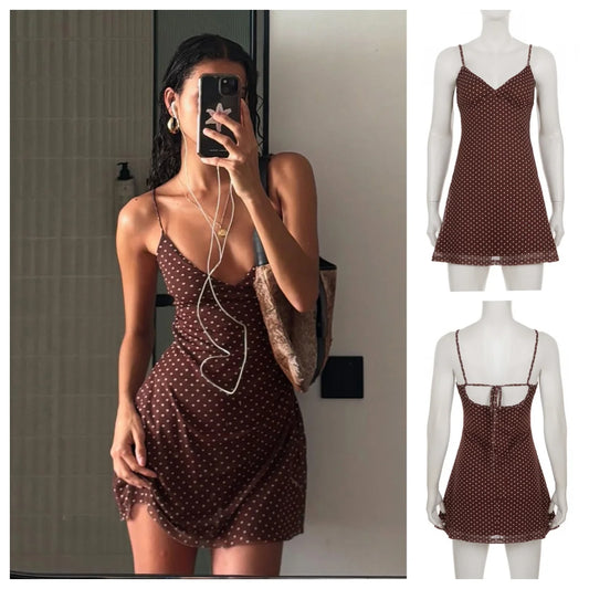 Brown dot print sleeveless mini dress with thin straps and V-neckline