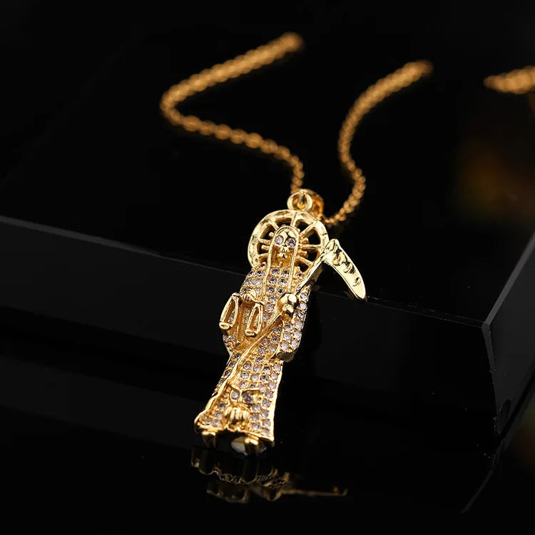 Stainless Steel Holy Death Necklace Saints Gold Color Plated Pendant Necklace Death Scythe Charms Christian Jewelry Santa Muerte