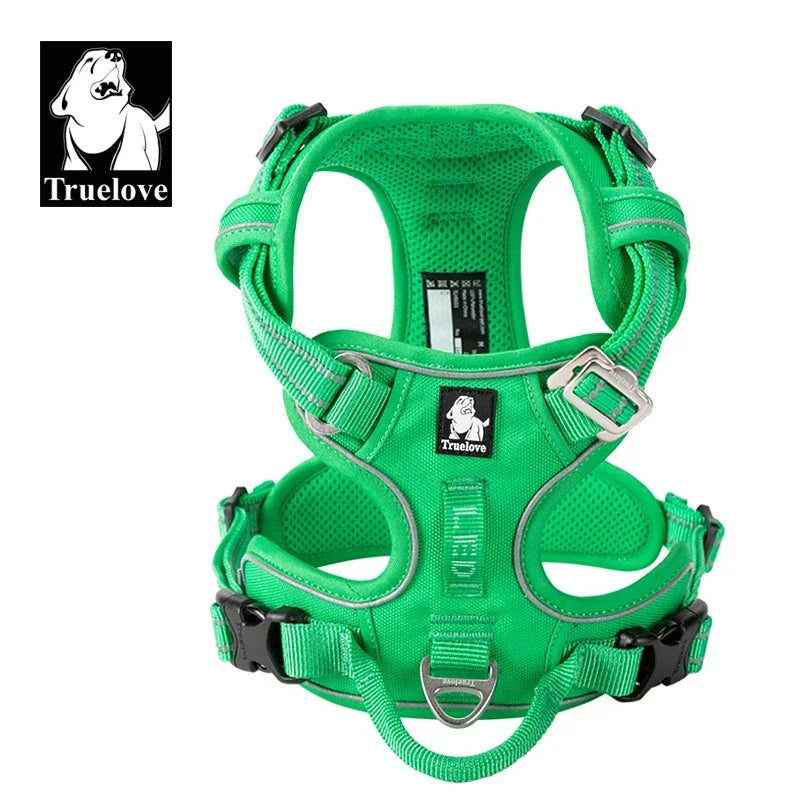Bright green mesh dog harness with adjustable straps and silver buckles
