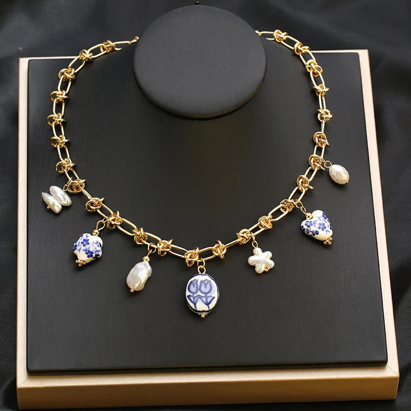 EILIECK 316L Stainless Steel Charms Pearl Star Celadon Pendant Drop Necklace For Women Golden Popular Summer Fashion Jewelry