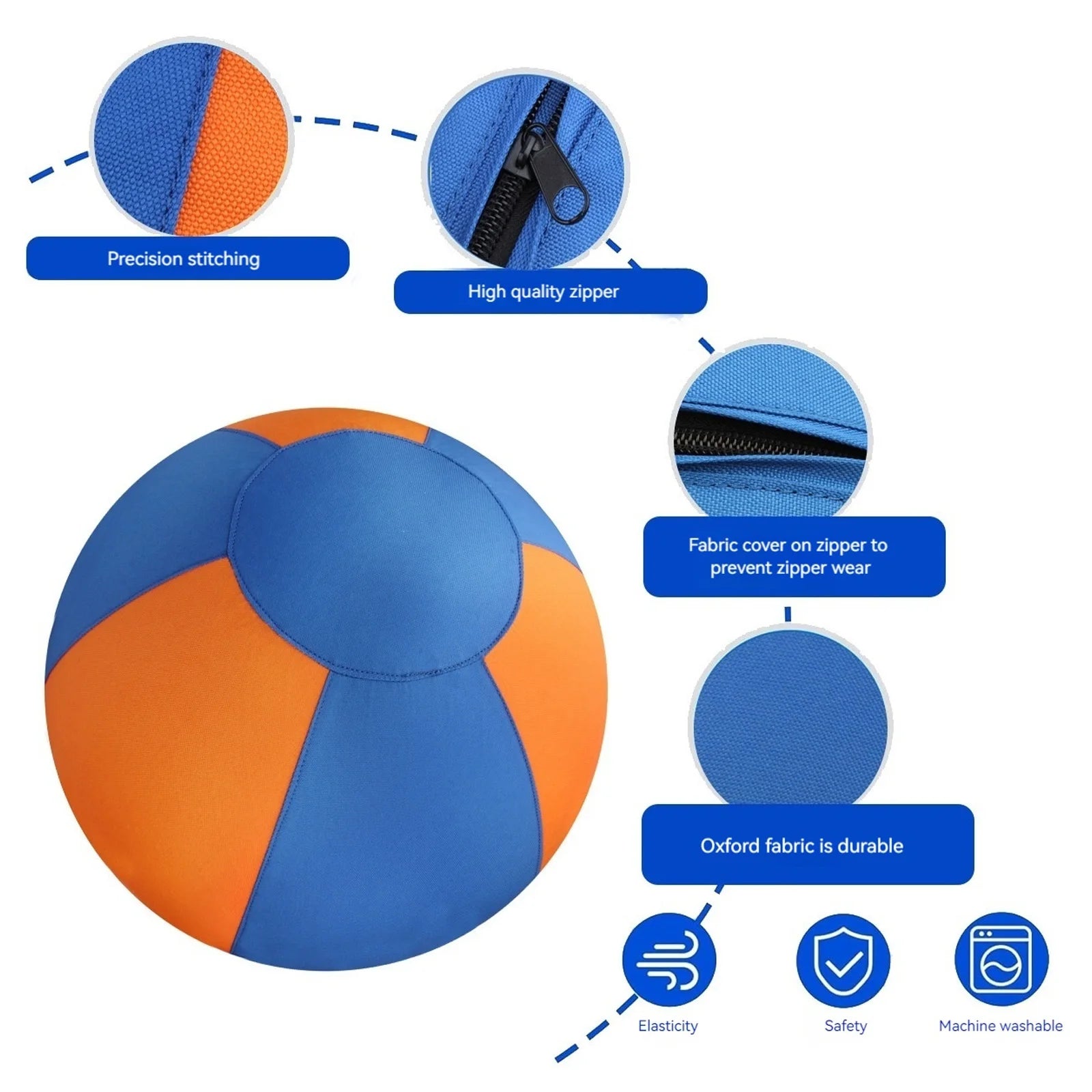 Blue and orange fabric dog ball with covered zipper detail