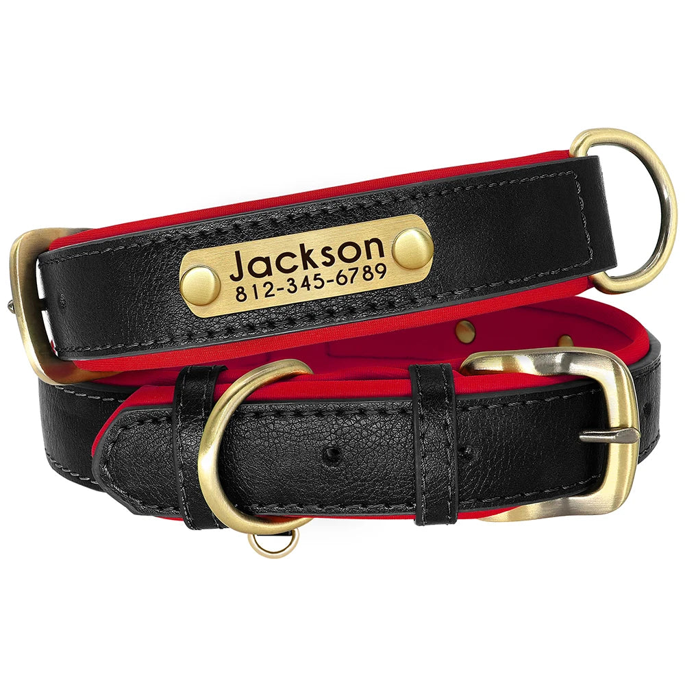 Customized PU Leather Nameplate Dog Collar Soft Padded Dogs Collars Free Engraving Name for Small Medium Large Dogs Adjustable - PrimeNest