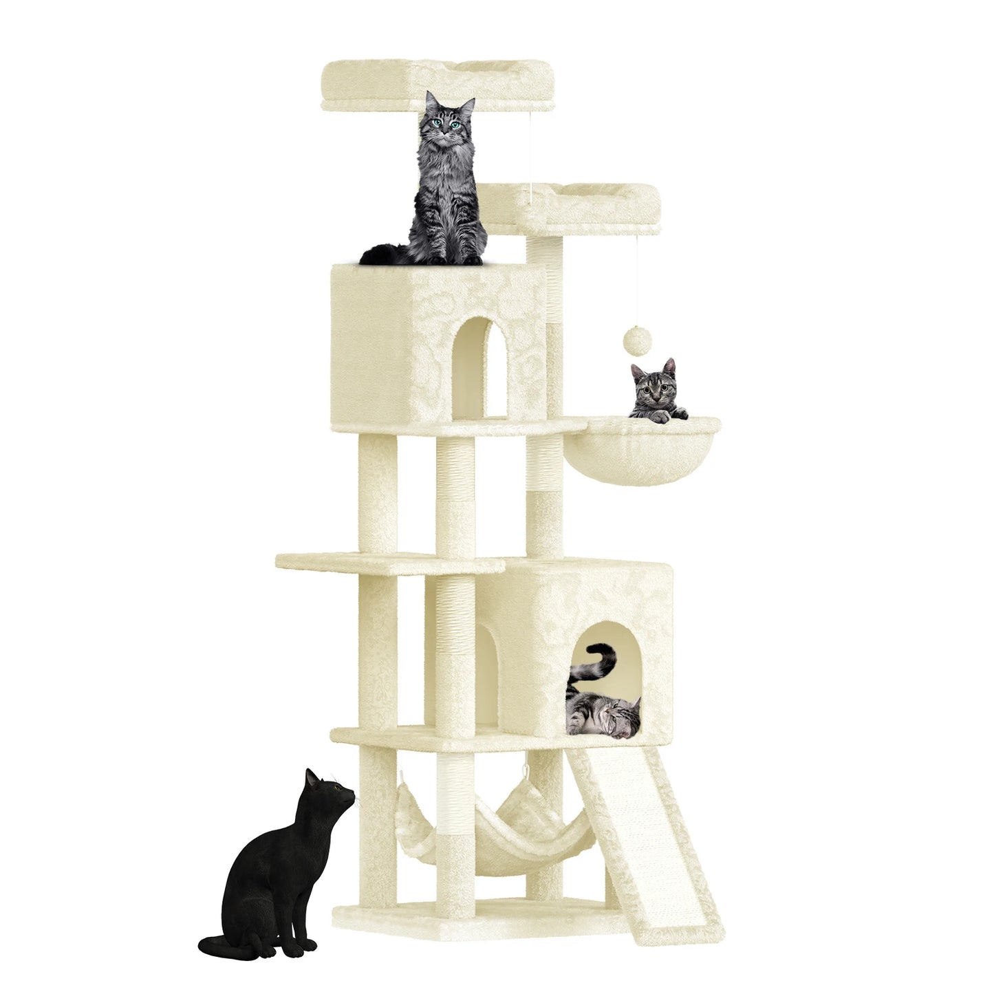 158cm Multi-Level Cat Tree with Scratching Board & Post - Stable Cat Tower with Perch, Large Pet Playhouse - PrimeNest