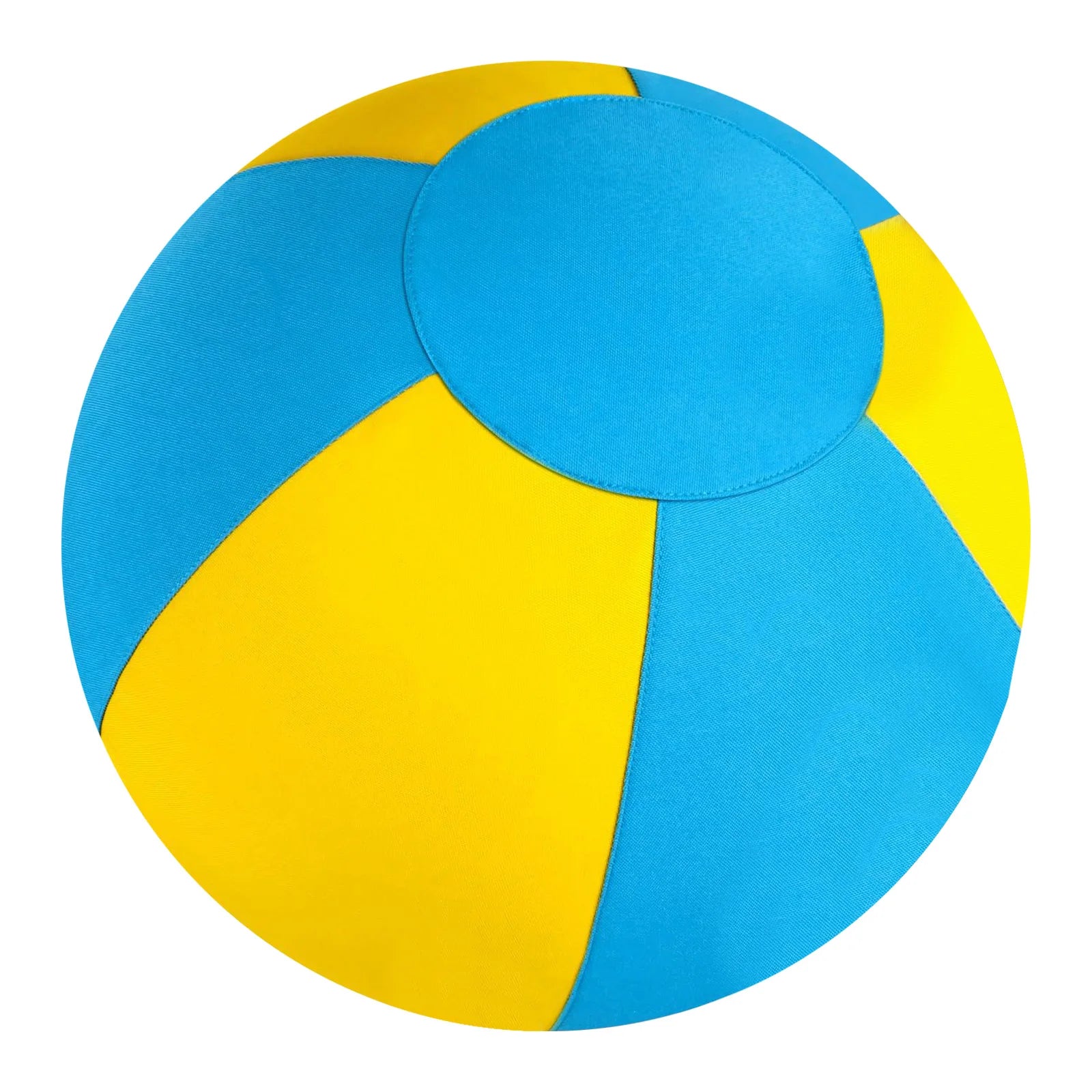 Blue and yellow fabric dog herding ball, close-up of curved panels