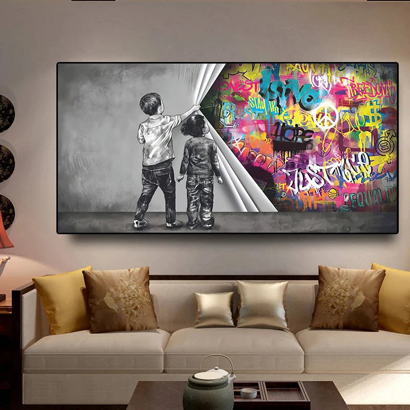 Banks Graffiti Art Fun Two Children Pulling Cloth Posters and Print Canvas Painting Wall Art Pictures for Living Room Home Decor