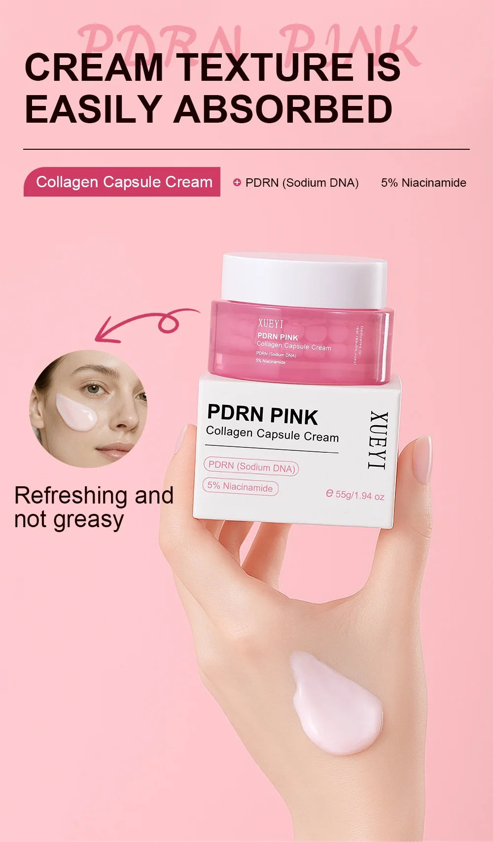 Korean PDRN Pink Collagen Capsule Cream with Niacinamide Cream for Uneven Skin Tone Lightweight Face Moisturizer Non Greasy care - PrimeNest