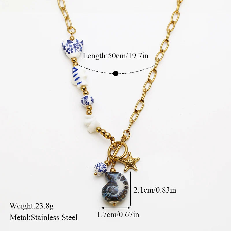 EILIECK 316L Stainless Steel Charms Pearl Star Celadon Pendant Drop Necklace For Women Golden Popular Summer Fashion Jewelry
