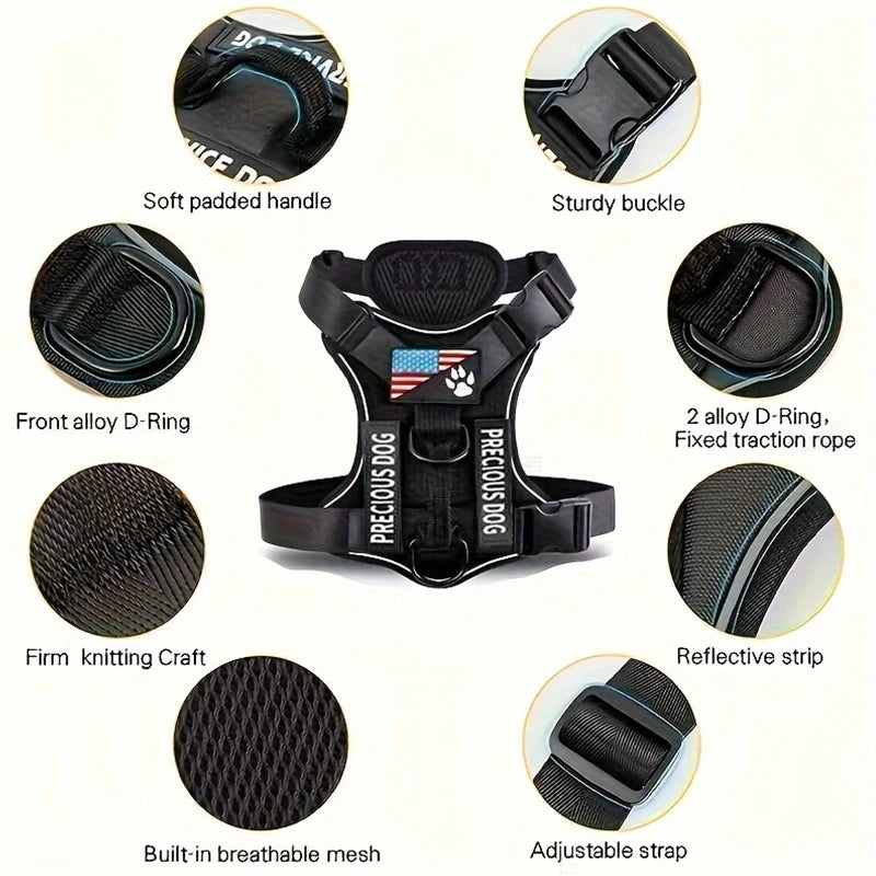 Reflective Dog Vest Harness with 5 PCS Patches Service Dog Harness Adjustable Soft Oxford Pet Harness