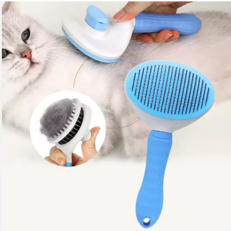Blue pet hair remover grooming brush with paddle head and self-cleaning round roller