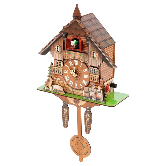 Vintage wooden cuckoo wall clock with painted village facade and pendulum weight