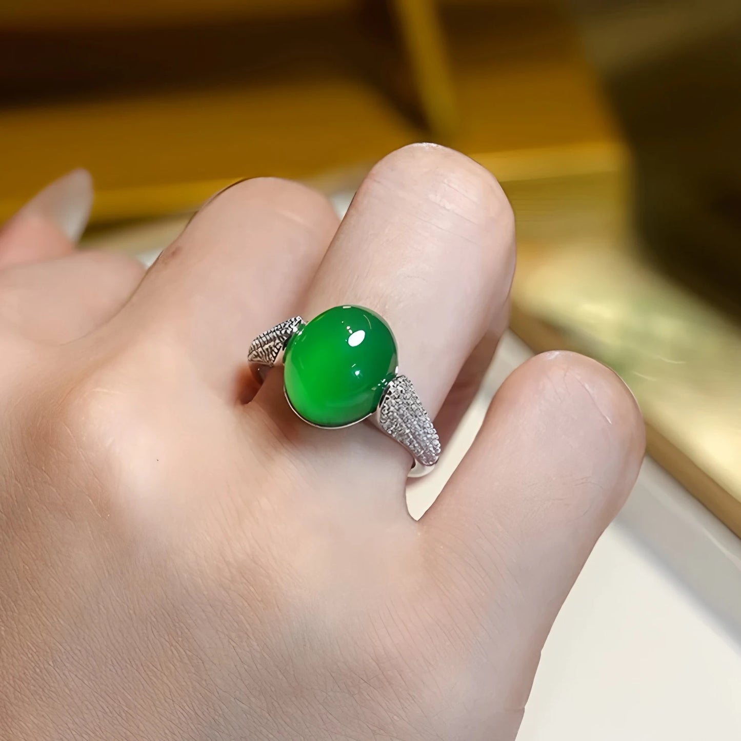 PANJBJ 925 Sterling Silver Hotan Jade Geometric Ring for Women Girl Adjustable Retro Delicate Jewelry Birthday Gift Dropshipping
