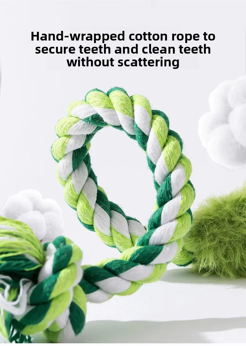 Braided cotton rope loop on green plush crocodile squeaky dog toy