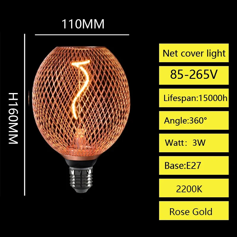 E27 Screw Creative Luxury Black Gold LED Light Bulb  Wrought Iron Mesh Cover Lamp Metal Cage Dining Bar Net Cover Light Lamp