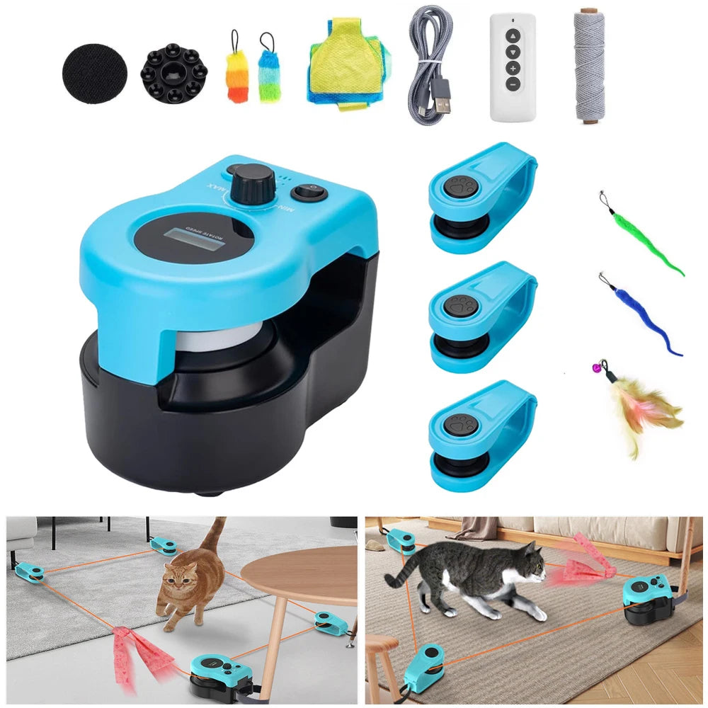 Blue interactive cat hunting toy treadmill with wand attachments and accessories kit