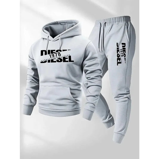 Light gray hooded tracksuit set with kangaroo pocket hoodie and drawstring joggers.
