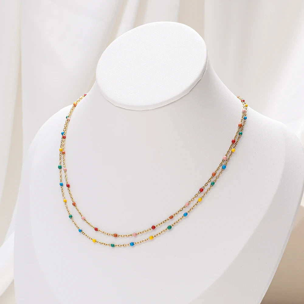 ZMZY Hot Pink Stainless Steel Link Cable Chain Fashion Gold Color Satellite Enamel Beads Necklace for Women Chic Summer Gift