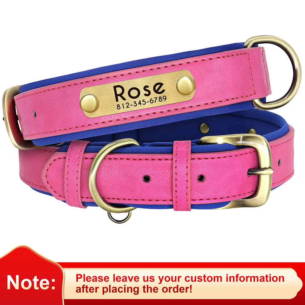 Customized PU Leather Nameplate Dog Collar Soft Padded Dogs Collars Free Engraving Name for Small Medium Large Dogs Adjustable - PrimeNest