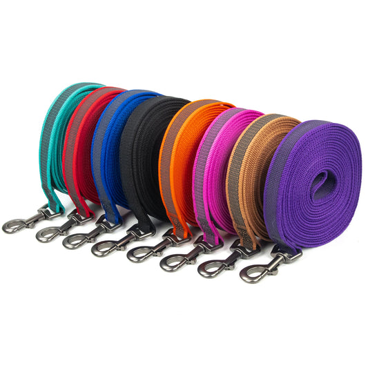 Colorful adjustable dog training leash set with metal snap hooks and coiled strap rolls