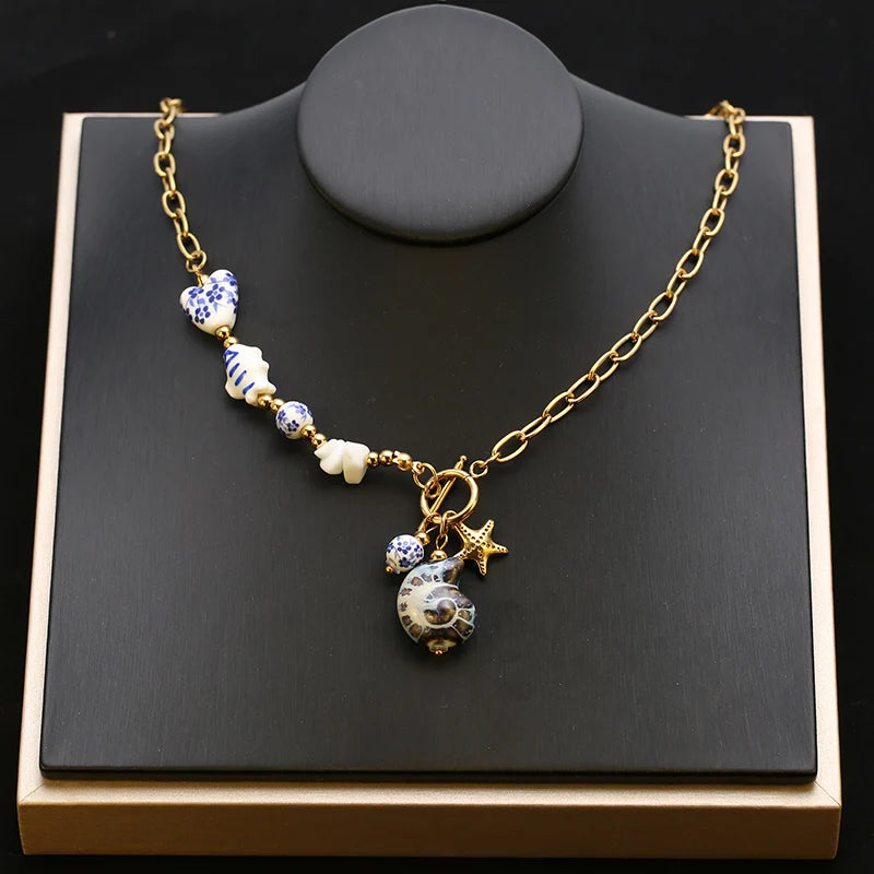 EILIECK 316L Stainless Steel Charms Pearl Star Celadon Pendant Drop Necklace For Women Golden Popular Summer Fashion Jewelry