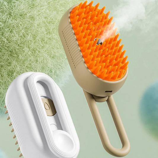 3-in-1 electric steam pet grooming brush with orange bristles and beige handle